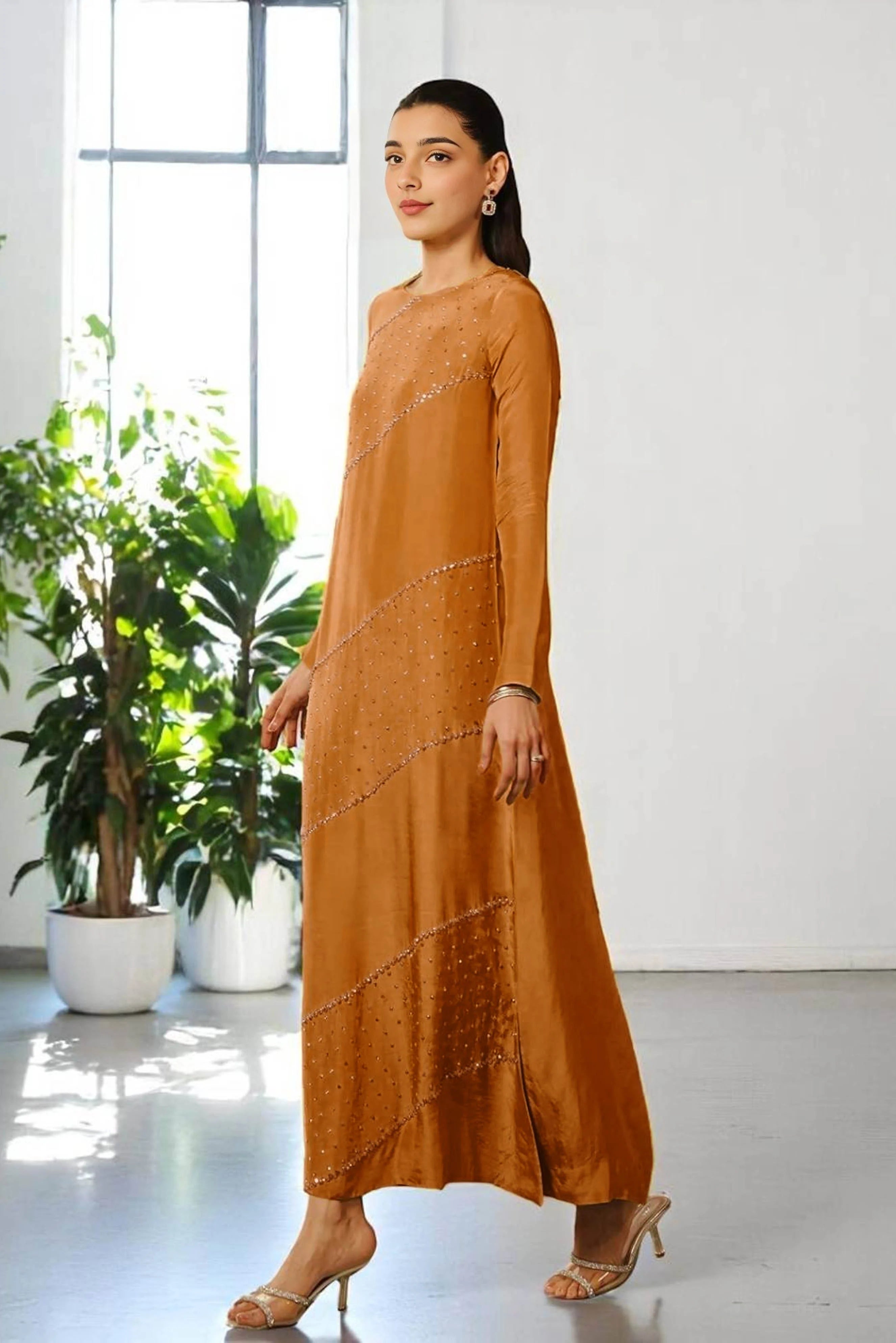 Rust Colored Long Dress with Crystal Hand Embellishments